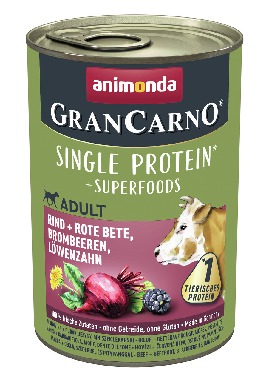 Sparpaket 24 x 400 g Animonda GranCarno Single Protein Superfoods Adult Rind + Rote Bete, Brombeeren, Löwenzahn Hunde Nassfutter