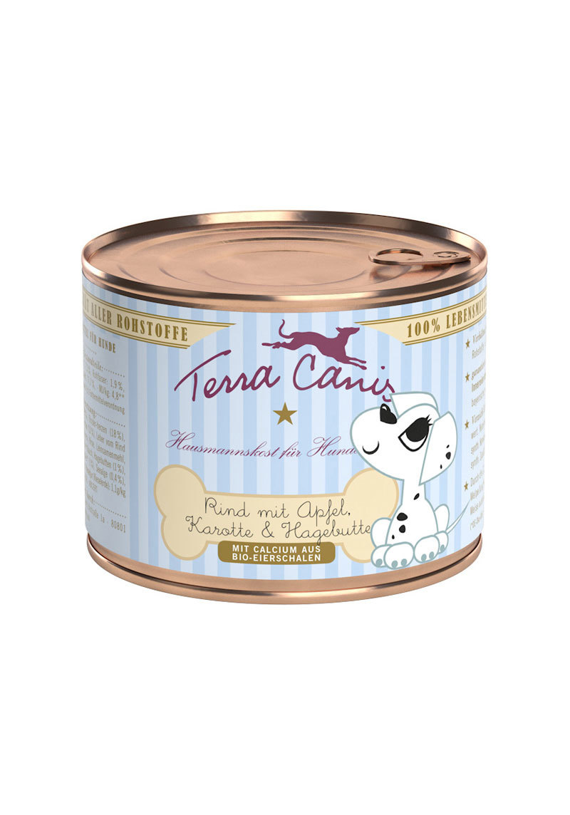 Terra Canis Hundefutter Rind, Apfel, Karotte, Hagebutte, 400 g, Hausmannskost, 100 % Lebensmittelqualität, mit Bio-Eierschalen-Calcium.
