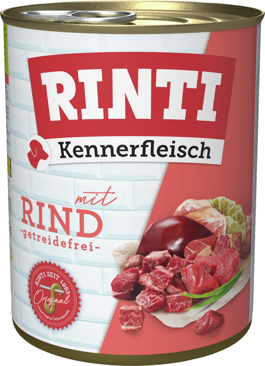 RINTI Kennerfleisch Hundefutter, mit Rind, getreidefrei, frisches Fleisch, Leber & Pansen, 800 g.