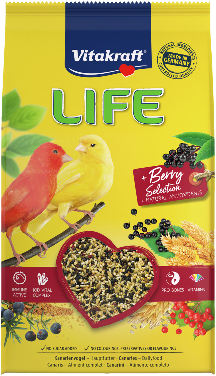 Vitakraft LIFE Berry Selection, Hauptfutter f. Kanarienvögel, mit Beeren, Immune Active, Jod Vital Komplex, Pro Bones, 800 g.