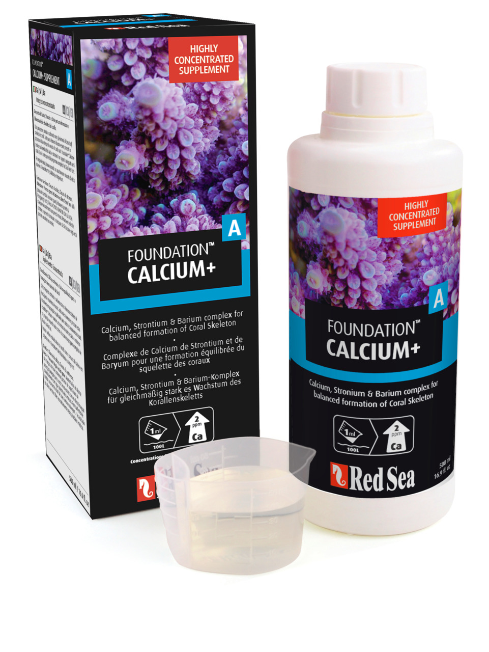Red Sea Foundation Calcium+ A, Ergänzungsmittel f. Aquaristik, 500 ml, fördert Korallenwachstum (Ca, Sr, Ba), inkl. Messbecher.