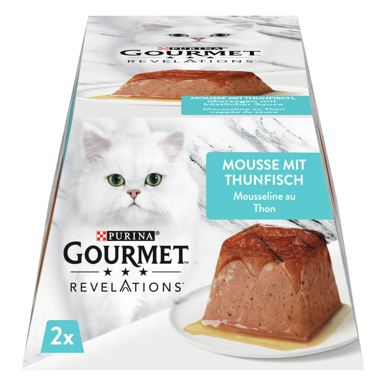 Das Bild zeigt eine Verpackung des Katzenfutters „GOURMET Revelations“ von Purina. Es handelt sich um eine Mousse mit Thunfisch, speziell für Katzen. Die Verpackung zeigt eine weiße Katze mit grünen Augen und eine Portion des Futters in Pyramidenform, übe