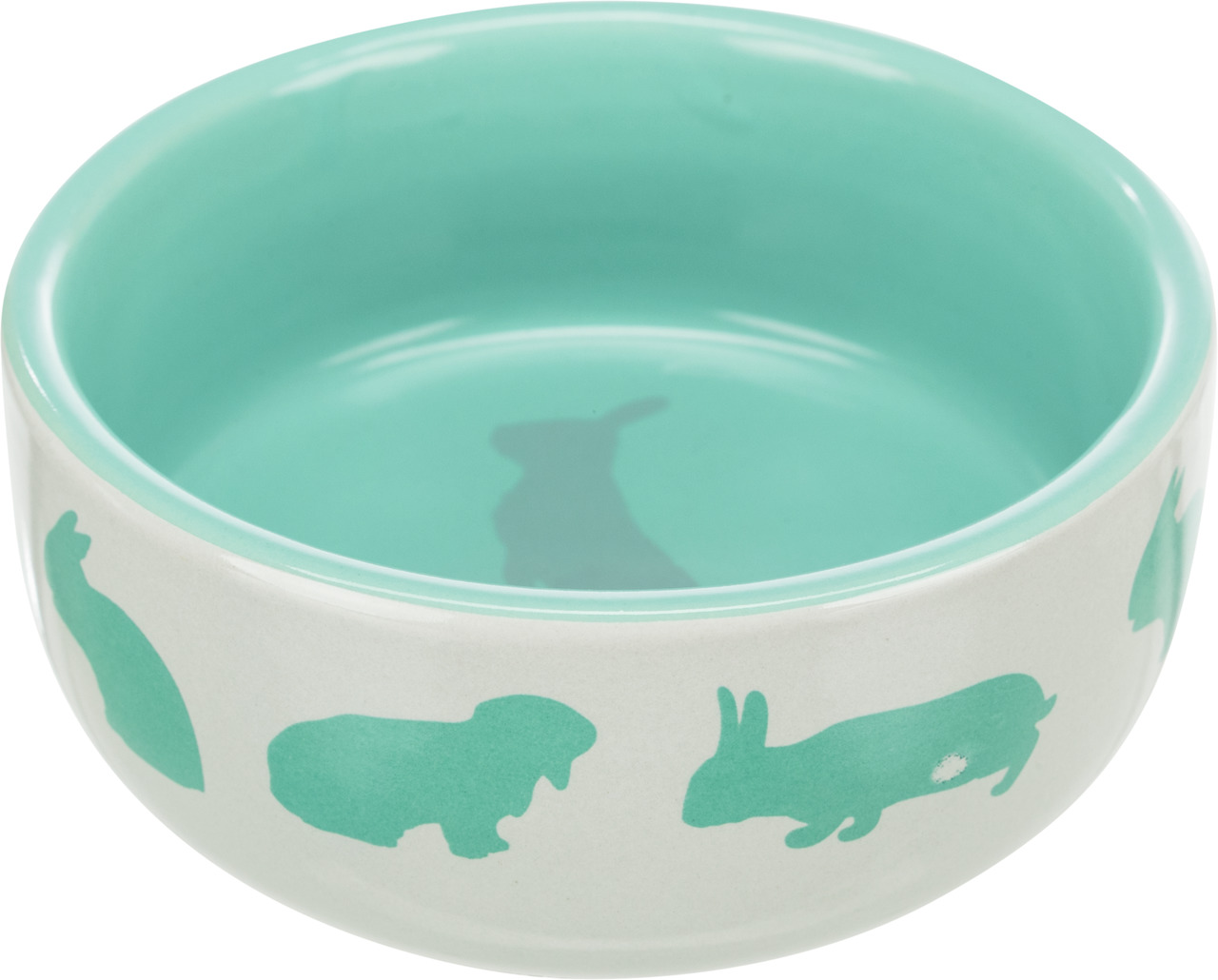 Keramiknapf von TRIXIE für Kleintiere, ideal für Kaninchen und Meerschweinchen. Der Napf hat ein Fassungsvermögen von 250 ml und ist in einem ansprechenden Design mit türkisfarbenen Silhouetten von Kleintieren gestaltet. Perfekt für Futter oder Wasser, le