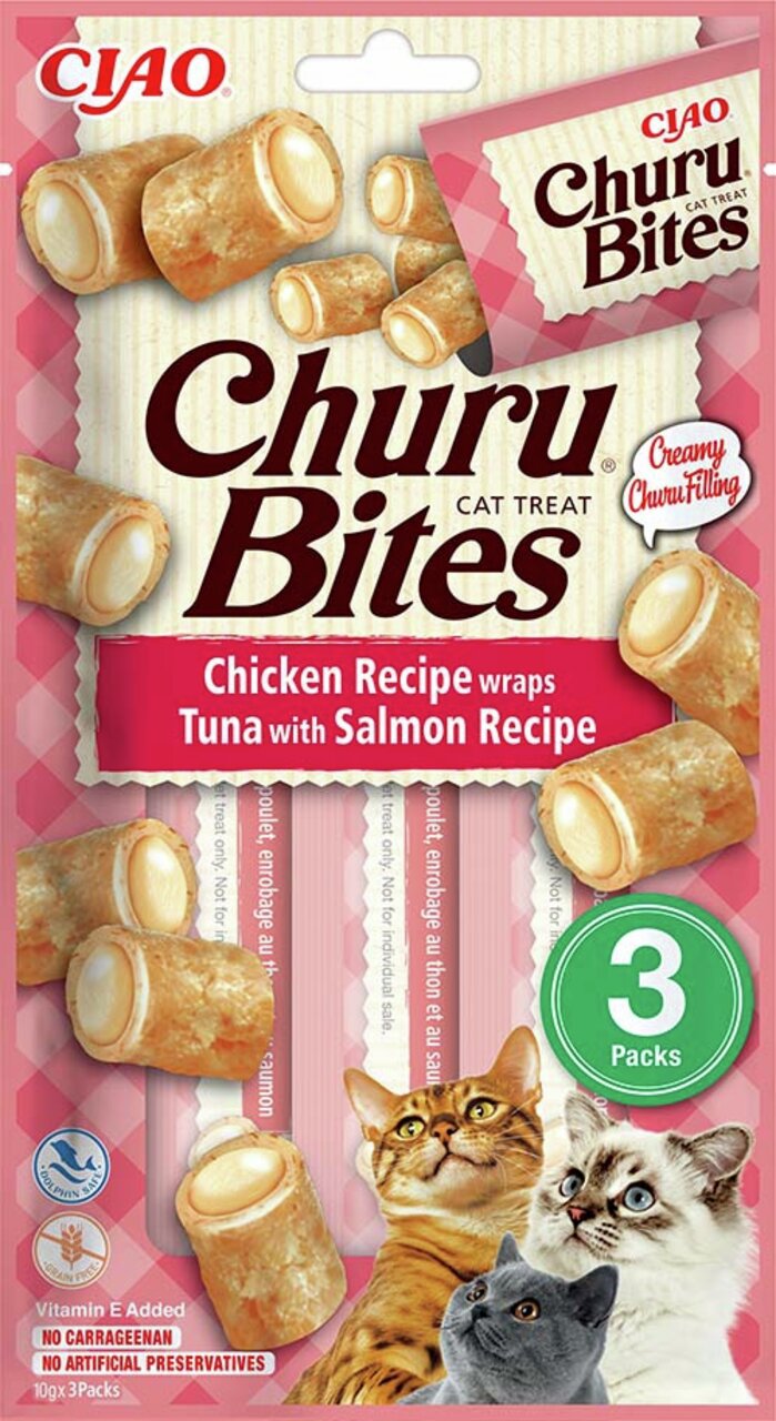 CIAO Churu Bites Katzensnack, Huhn umwickelt mit Thunfisch und Lachs, cremige Füllung, Vitamin E, 3x10g, ohne Carrageen.