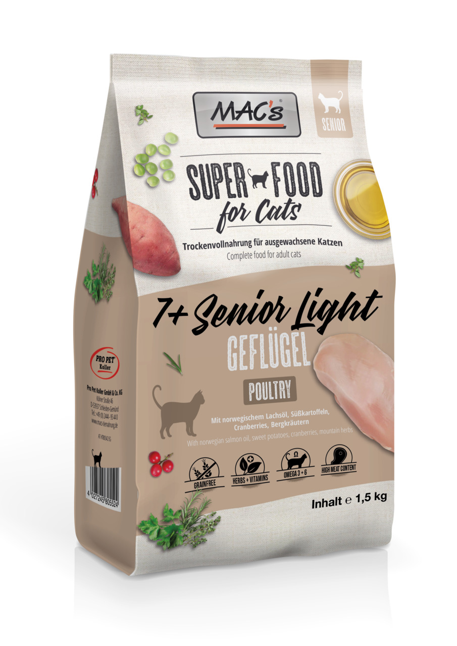 MAC's 7+ Senior Light Geflügel, Trockenfutter f. Katzen ab 7 J., Geflügel m. Lachsöl, Kräutern, Vitaminen, 1,5 kg, getreidefrei.