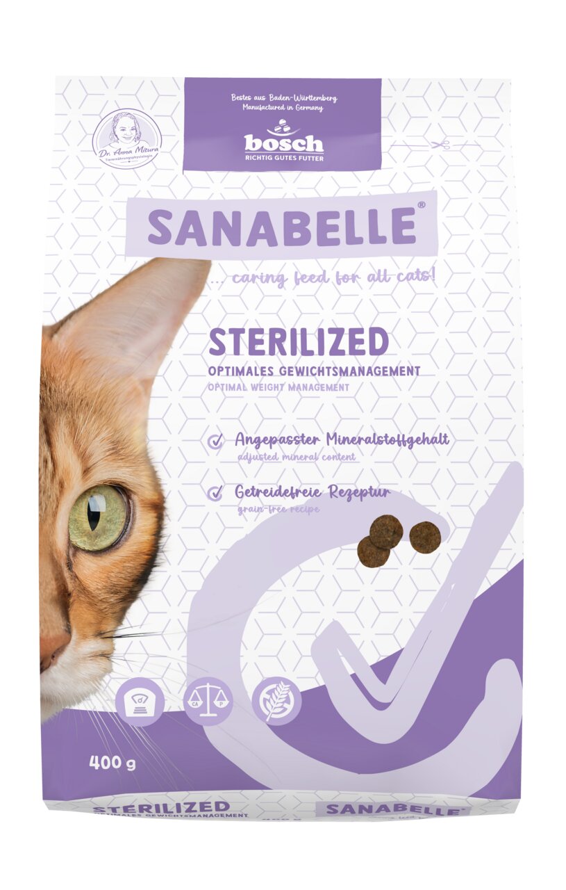 Sanabelle Sterilized (Bosch), Katzenfutter für sterilisierte Katzen, getreidefrei, Gewichtsmanagement, 400 g, Katzenmotiv.