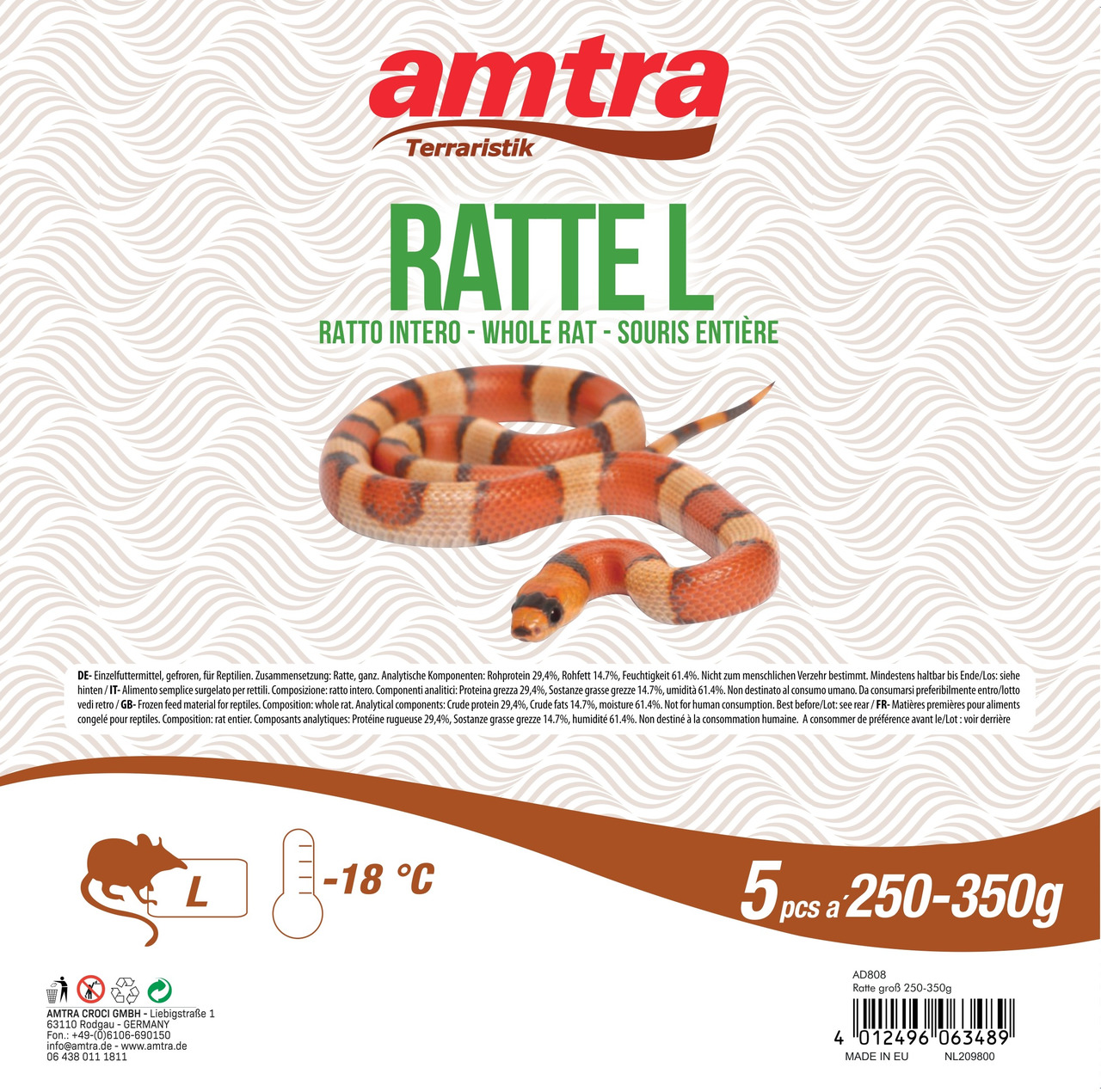 amtra Terraristik Ratte L, Einzelfuttermittel für fleischfressende Reptilien, 5 Stk. (250-350 g), tiefgefroren, ganze Ratten.