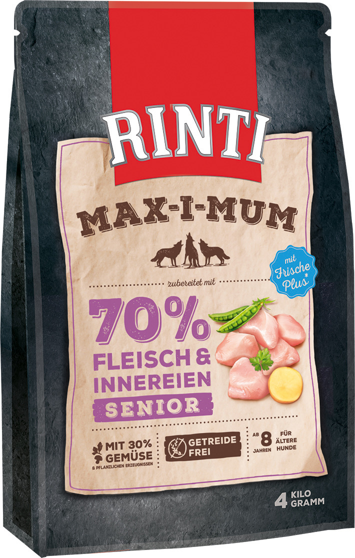 RINTI Max-i-Mum Senior Hundefutter, Huhn, 70 % Fleisch, getreidefrei, Frische Plus, für Hunde ab 8 J., 4 kg.