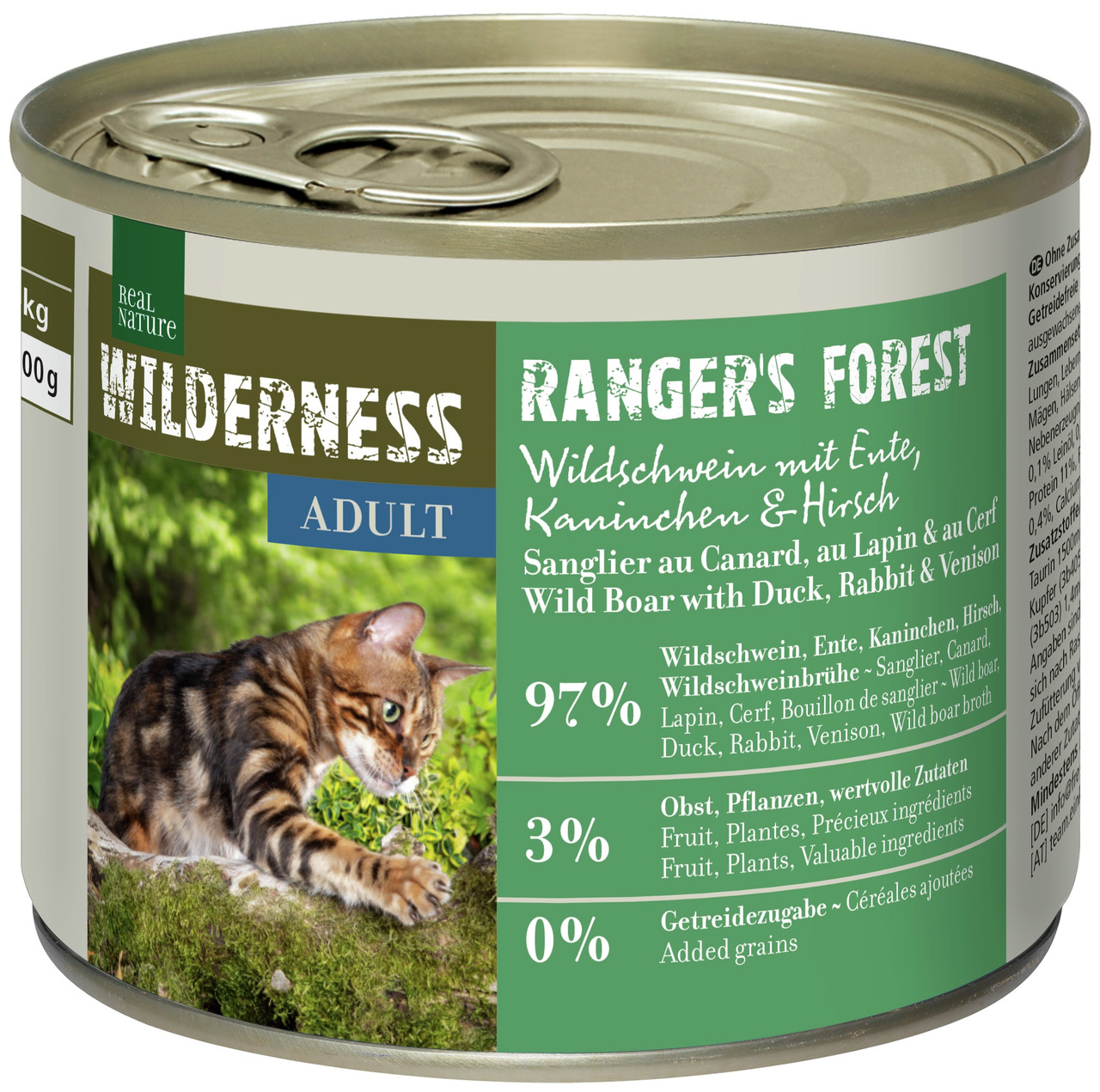 Real Nature Wilderness Katzenfutter "Ranger's Forest", Wildschwein+Ente+Kaninchen+Hirsch, Adult, 200 g, 97 % tierische Zutaten, getreidefrei.