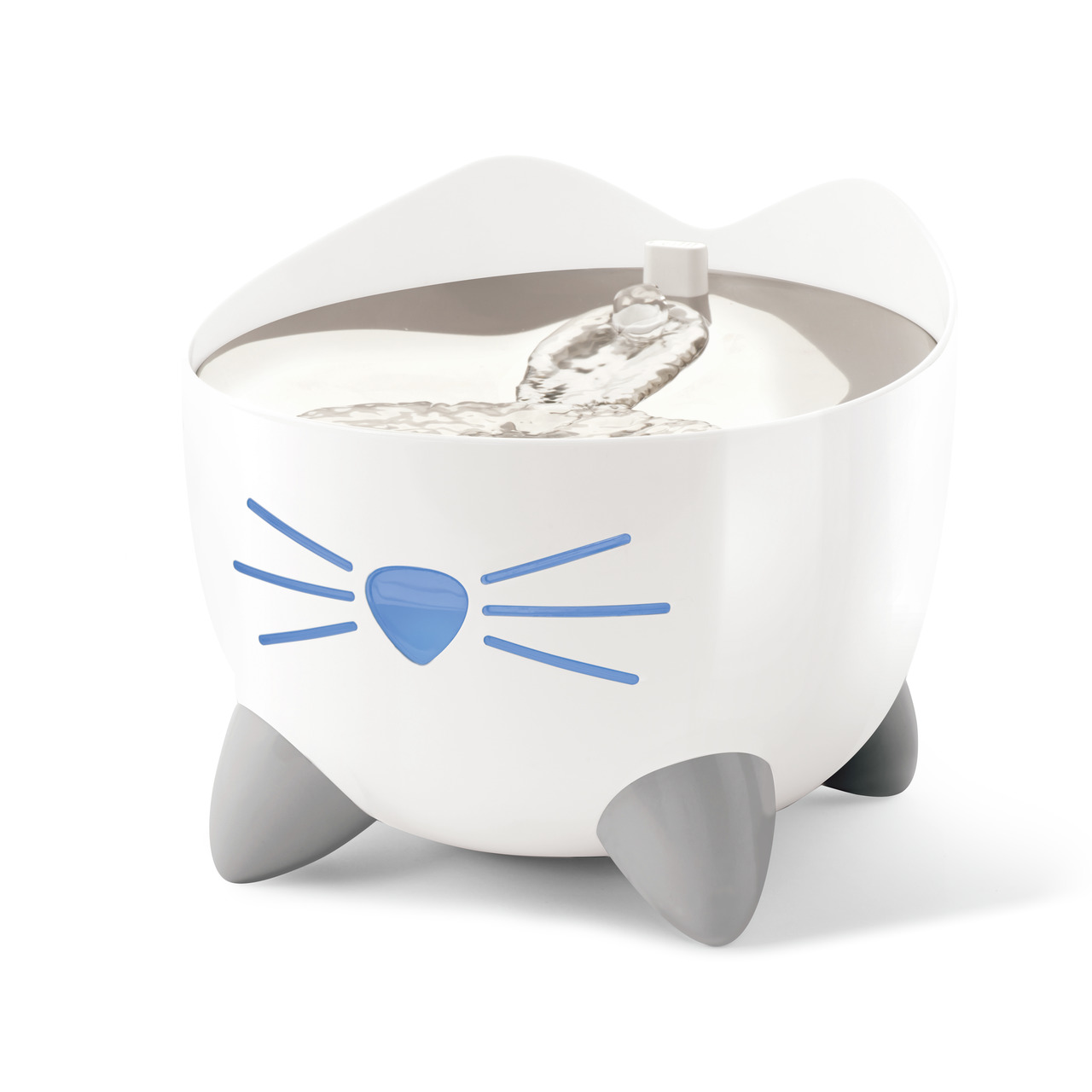 Catit PIXI Trinkbrunnen, Katzen, weiß, katzenförmiges Design, blaue Details, zirkulierendes Wasser, ideal für Katzen jeden Alters.