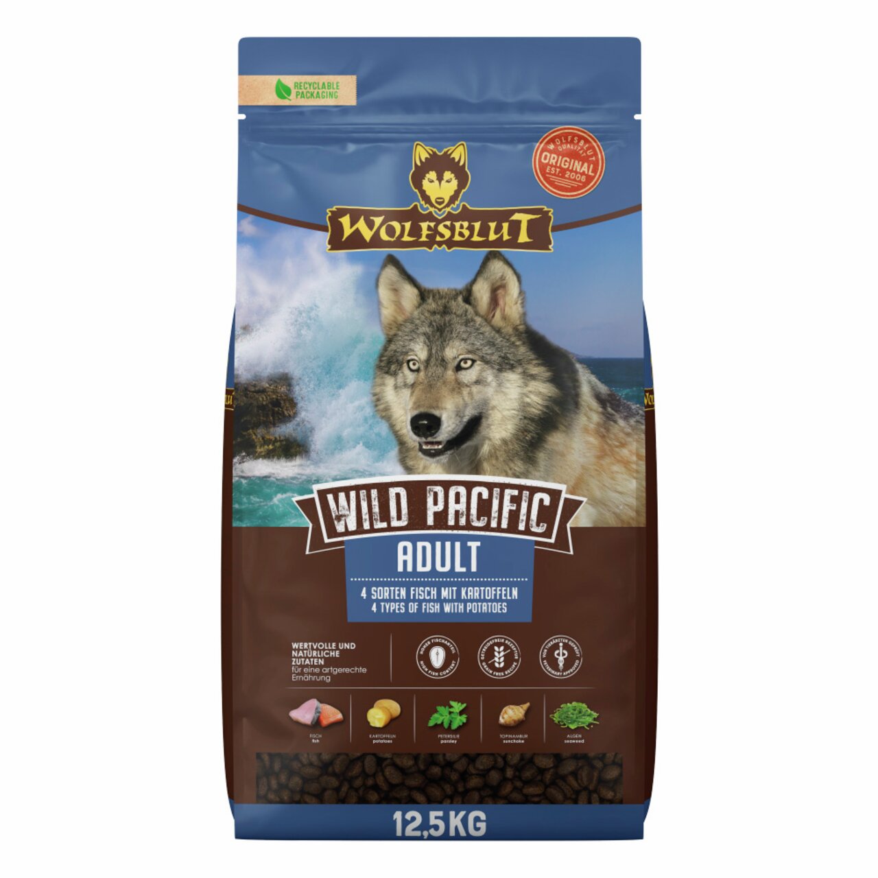 WOLFSBLUT Wild Pacific Adult, Trockenfutter für Hunde, 4 Sorten Fisch mit Kartoffeln, 12,5 kg, natürliche Zutaten.