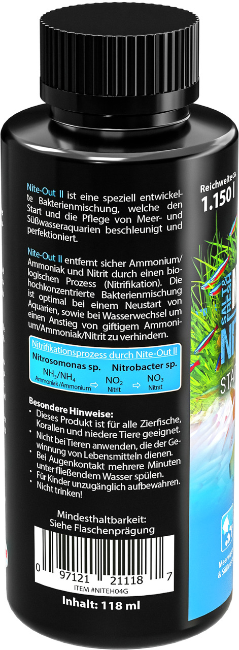 MICROBE-LIFT Nite-Out II, 118 ml, für Meer--Süßwasseraquarien, entfernt Ammonium, Ammoniak, Nitrit, fördert biolog. Nitrifikation.