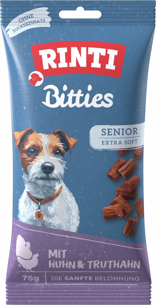 RINTI Bitties Senior Extra Soft, 75g: weiche Hundesnacks f. ältere Hunde, Huhn & Truthahn, ohne Zuckerzusatz, "die sanfte Belohnung".