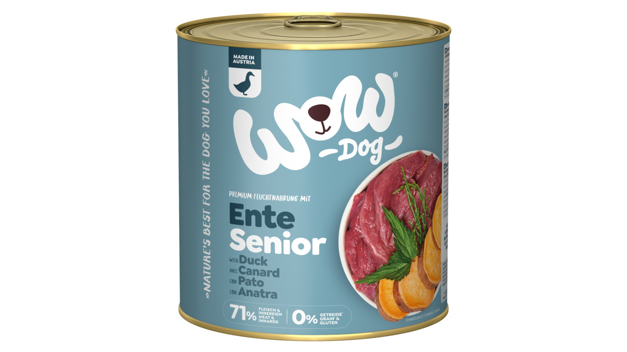 Sparpaket 24 x 800 g Wow Senior Ente mit Seealge + Süßkartoffel Hunde Nassfutter