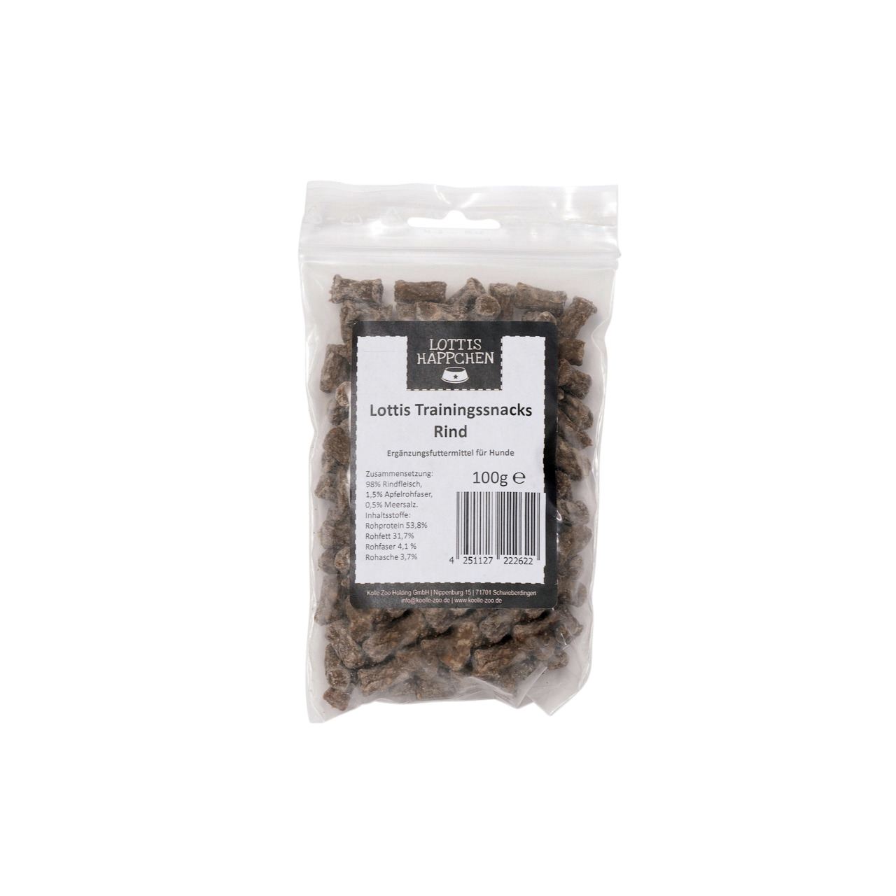 Das Bild zeigt eine transparente Verpackung mit der Aufschrift „Lottis Häppchen Lottis Trainingssnacks Rind“. Es handelt sich um ein Ergänzungsfuttermittel für Hunde. Die Snacks bestehen zu 98 % aus Rindfleisch und wiegen 100 g. Die Verpackung enthält det