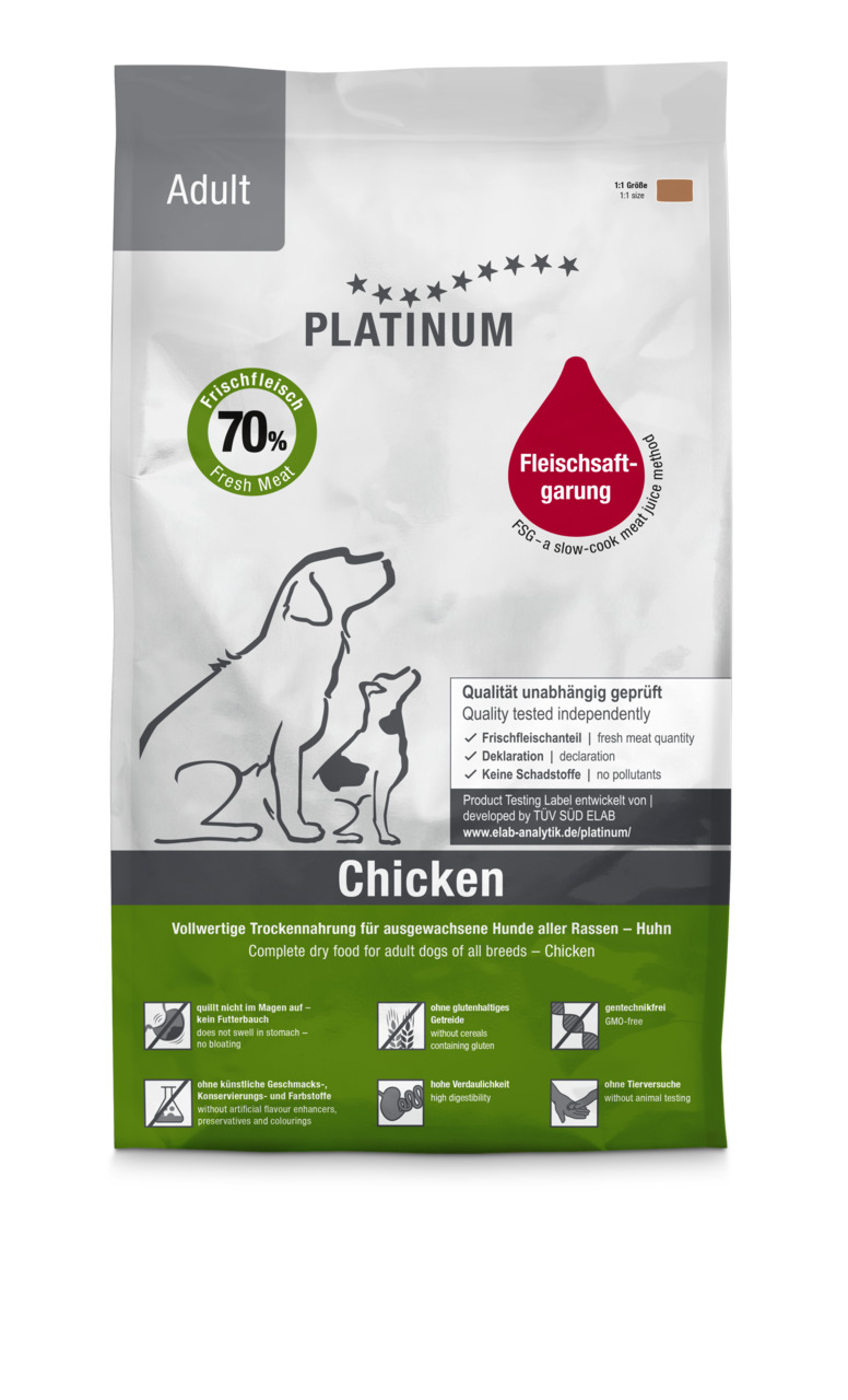 PLATINUM Adult Chicken, Trockenfutter f. ausgew. Hunde, Huhn, 70 % Frischfleisch, glutenfrei, 1,5 kg, leicht verdaulich.