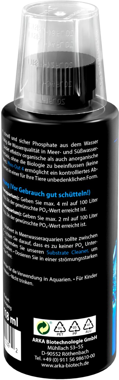 ARKA Phos-Out 4 Phosphatentferner für Meer- und Süßwasseraquarien, für Zierfische, 118 ml, vor Gebrauch schütteln.