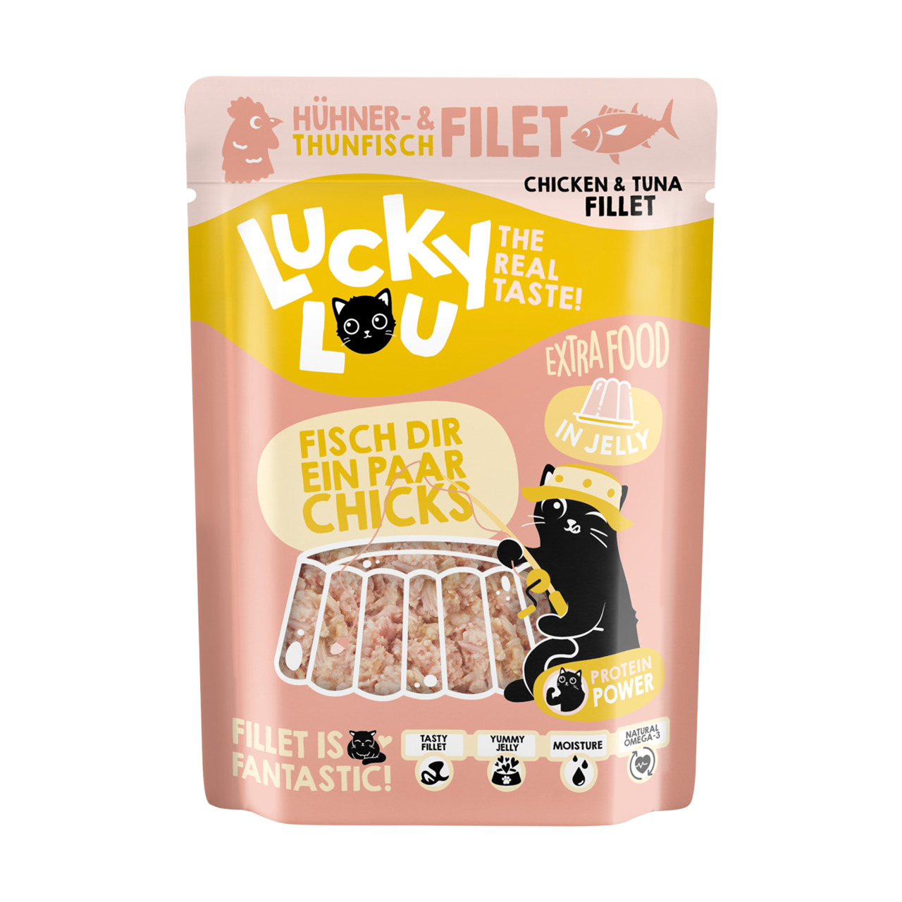 Lucky Lou Katzenfutter Huhn & Thunfisch in Gelee, 70 g, Protein Power, Omega-3, für Katzen. Slogan: "Fisch dir ein paar Chicks".