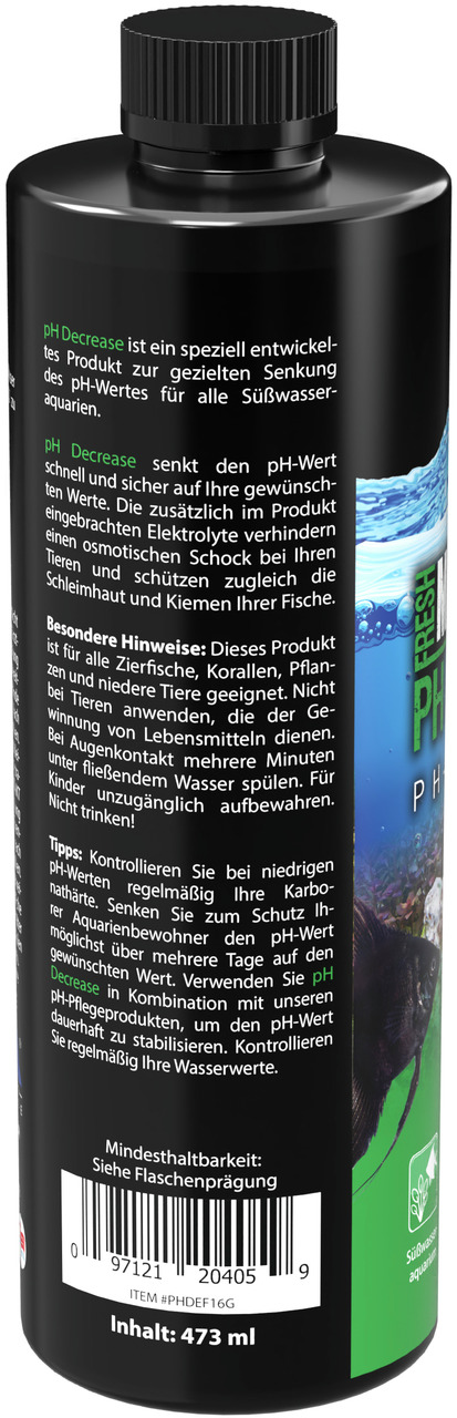 Das Bild zeigt eine schwarze Flasche des Produkts „MICROBE-LIFT pH Decrease“ mit einem Inhalt von 473 ml. Es handelt sich um ein Mittel zur gezielten Senkung des pH-Wertes in Süßwasseraquarien. Die Flasche enthält detaillierte Anwendungshinweise und Tipps
