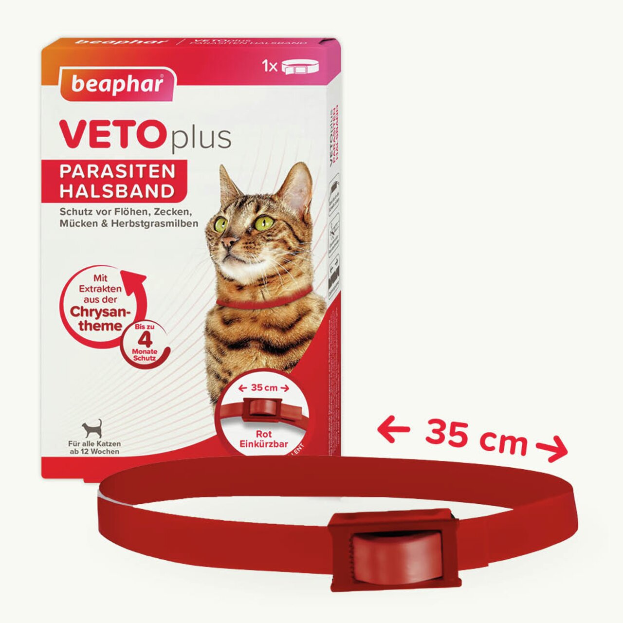 beaphar VETOplus Parasitenhalsband für Katzen, Schutz vor Flöhen, Zecken, Mücken, 4 Monate Schutz, rot, Länge 35 cm, einkürzbar.