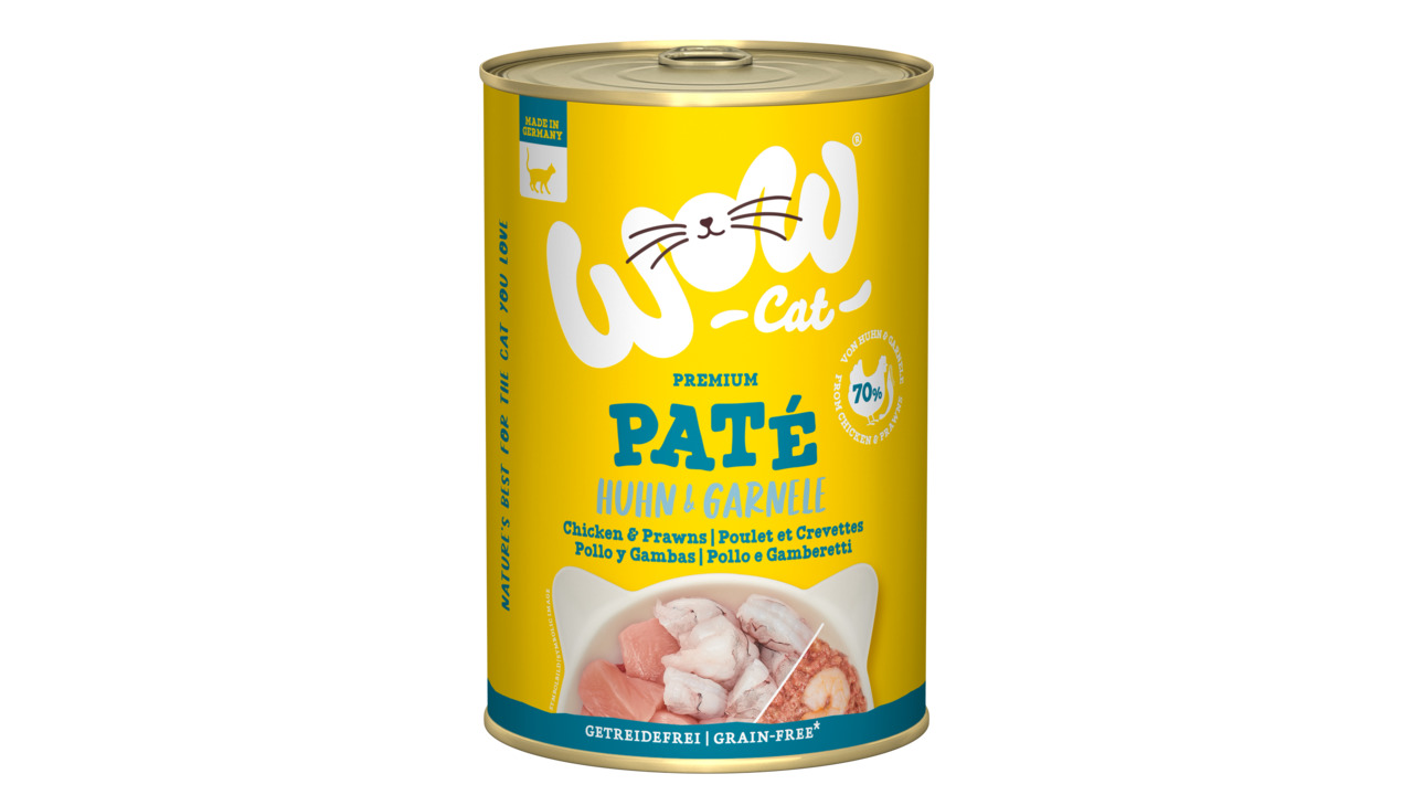 WOW Cat Premium Paté Huhn & Garnele, für Katzen, getreidefrei, 70 % Fleisch, hergestellt in Deutschland, 400 g.