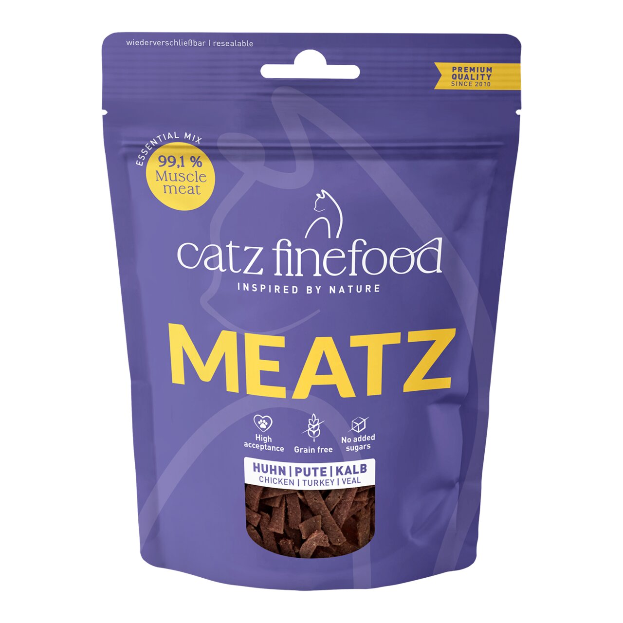 Wiederverwendbare Verpackung von Catz finefood Meatz für Katzen, Geschmacksrichtung Huhn, Pute, Kalb, 99,1 % Muskelfleisch, 45 g.