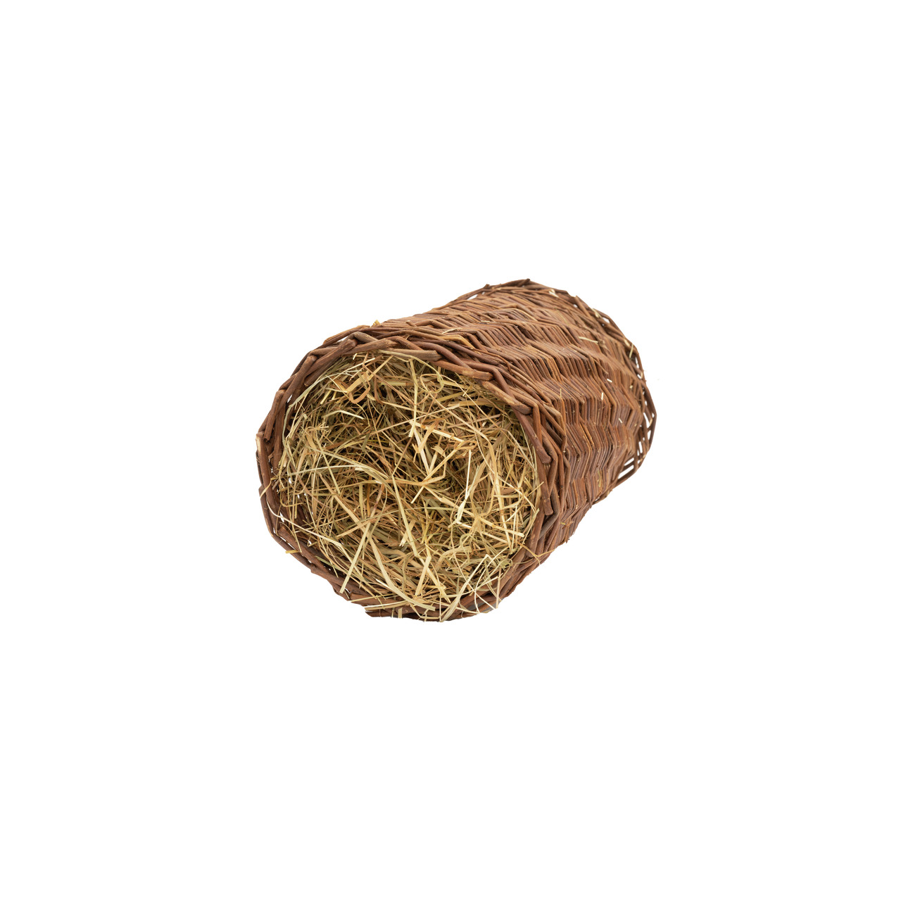 Geflochtener Tunnel aus Naturweide von LOTTIS FREUNDE, gefüllt mit Heu. Für Kaninchen-Meerschweinchen. Fördert Nagen, bietet Beschäftigung.