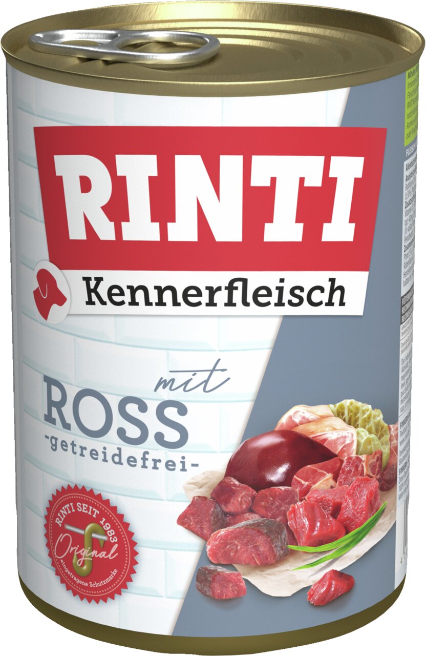 RINTI Kennerfleisch mit Ross, getreidefrei, für Hunde, 800 g Dose, Fleisch in Stücken, hochwertige Zutaten, seit 1983.