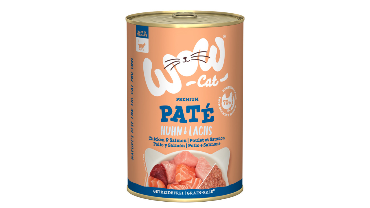 WOW CAT Katzenfutter Huhn & Lachs, 70 % Fleisch, getreidefrei, Premium Paté, 400 g, für Katzen, hergestellt in Deutschland.