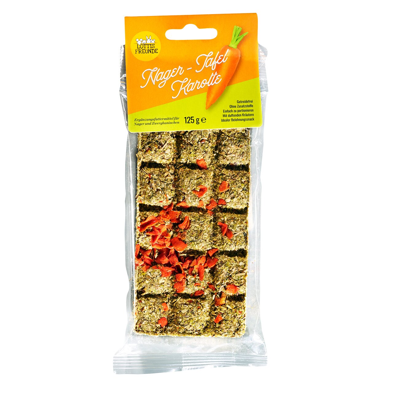 Ergänzungsfutter Lottis Freunde Nager-Tafel Karotte, für Nagetiere, Geschmack Karotte, 125 g, getreidefrei mit Kräutern.