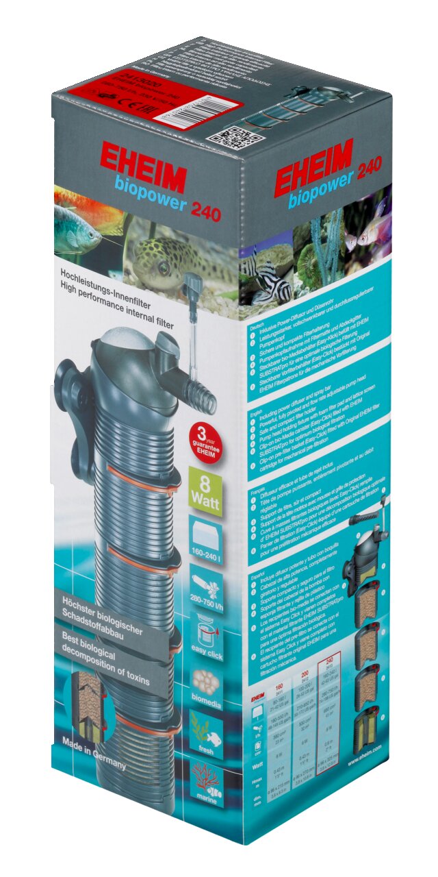 EHEIM biopower 240 Innenfilter, 160-240L, 8W, effektive Schadstoffbeseitigung, "Easy Click"-System, Made in Germany.