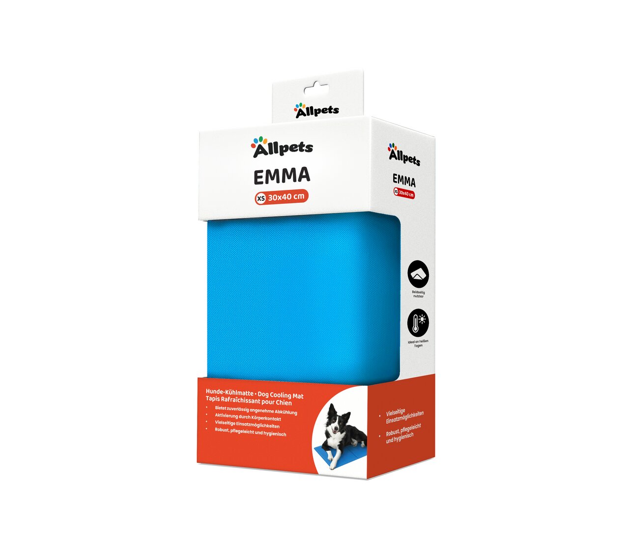 Allpets EMMA Hunde-Kühlmatte XS, 30x40 cm, für Hunde, selbstkühlend, robust, leicht zu reinigen und hygienisch, blau.