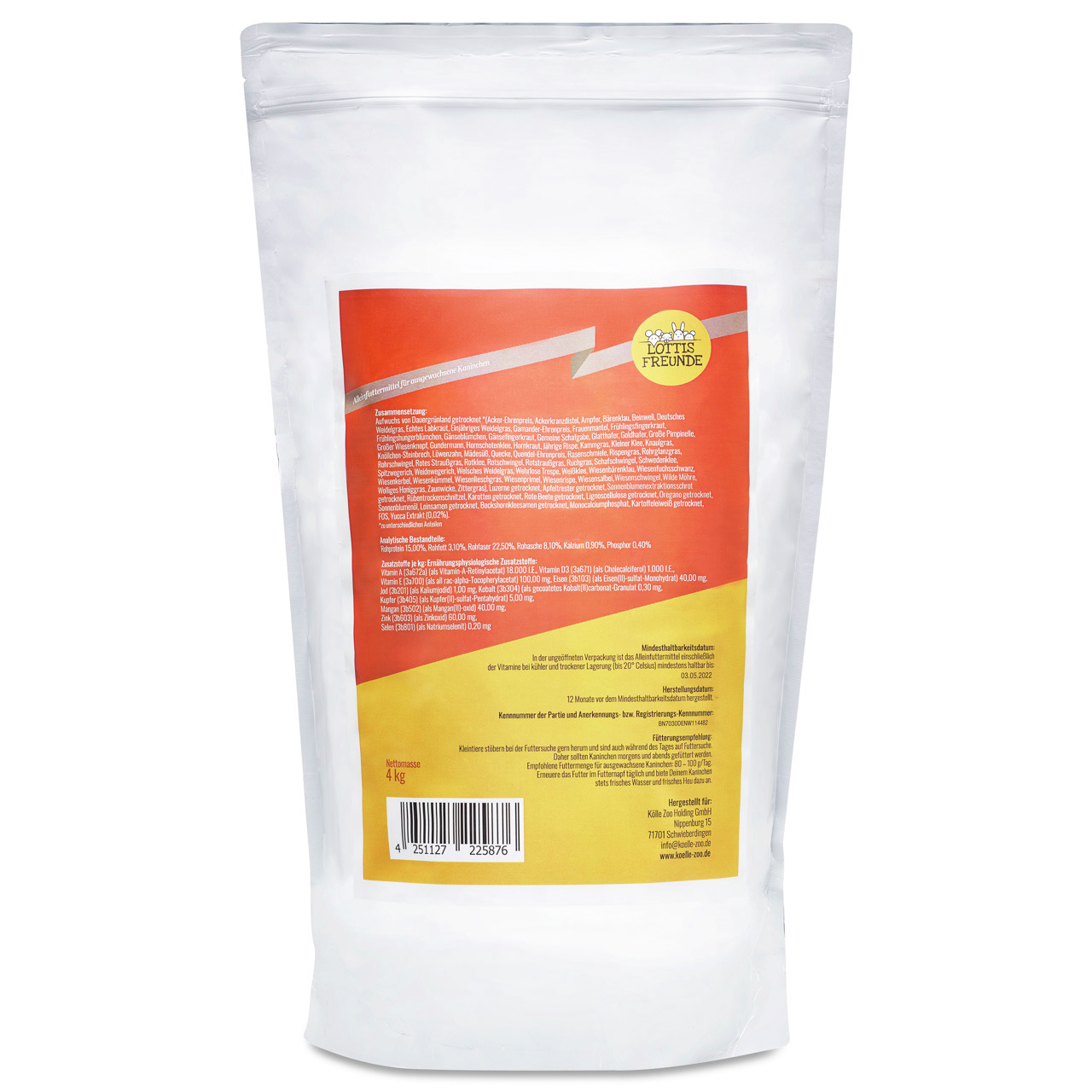 Lottis Freunde Hundefutter, 4 kg, hochwertig, speziell für Hunde, mit Angaben zu Inhaltsstoffen, Nährwerten & Fütterungsempfehlungen.