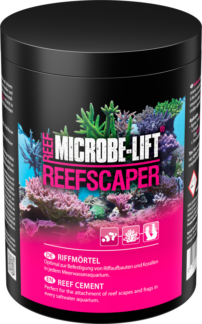 Das Bild zeigt eine schwarze Dose des Produkts „MICROBE-LIFT REEFSCAPER Riffmörtel“. Es handelt sich um ein spezielles Produkt für Meerwasseraquarien, das zur Befestigung von Riffaufbauten und Korallen dient. Die Verpackung zeigt bunte Korallen und hebt d