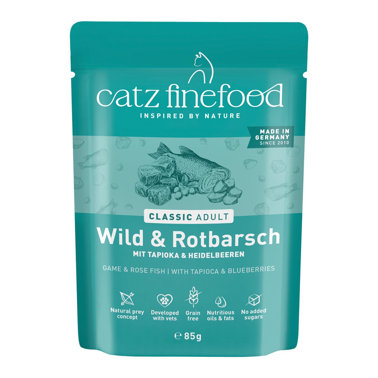 Catz Finefood Classic Adult, Wild & Rotbarsch, für Katzen, mit Tapioka & Heidelbeeren, 85 g, Made in Germany, ohne Zucker.
