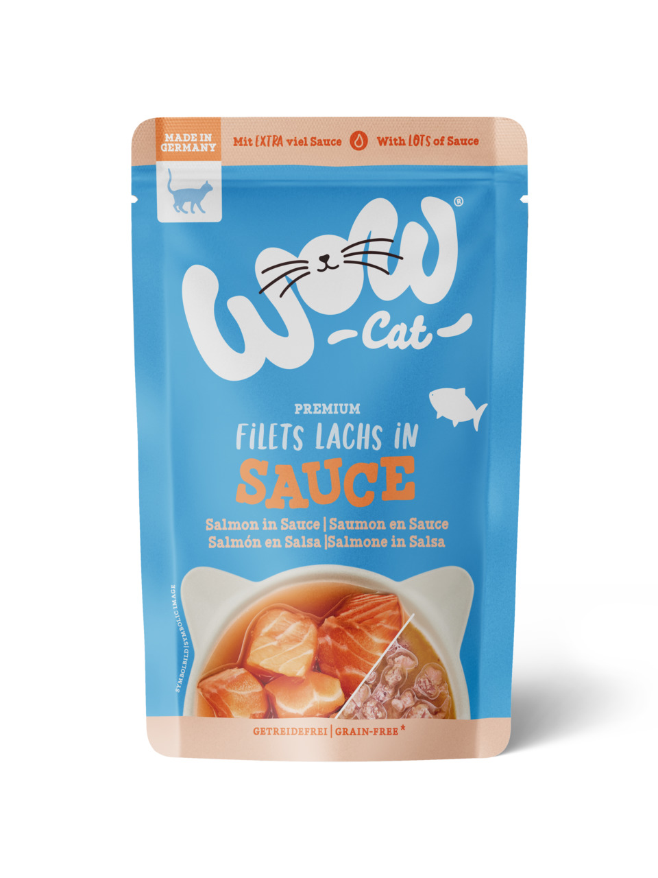 WOW Cat Premium Filets Lachs in Sauce, für Katzen, 85 g, getreidefrei, extra viel Sauce, hergestellt in Deutschland.