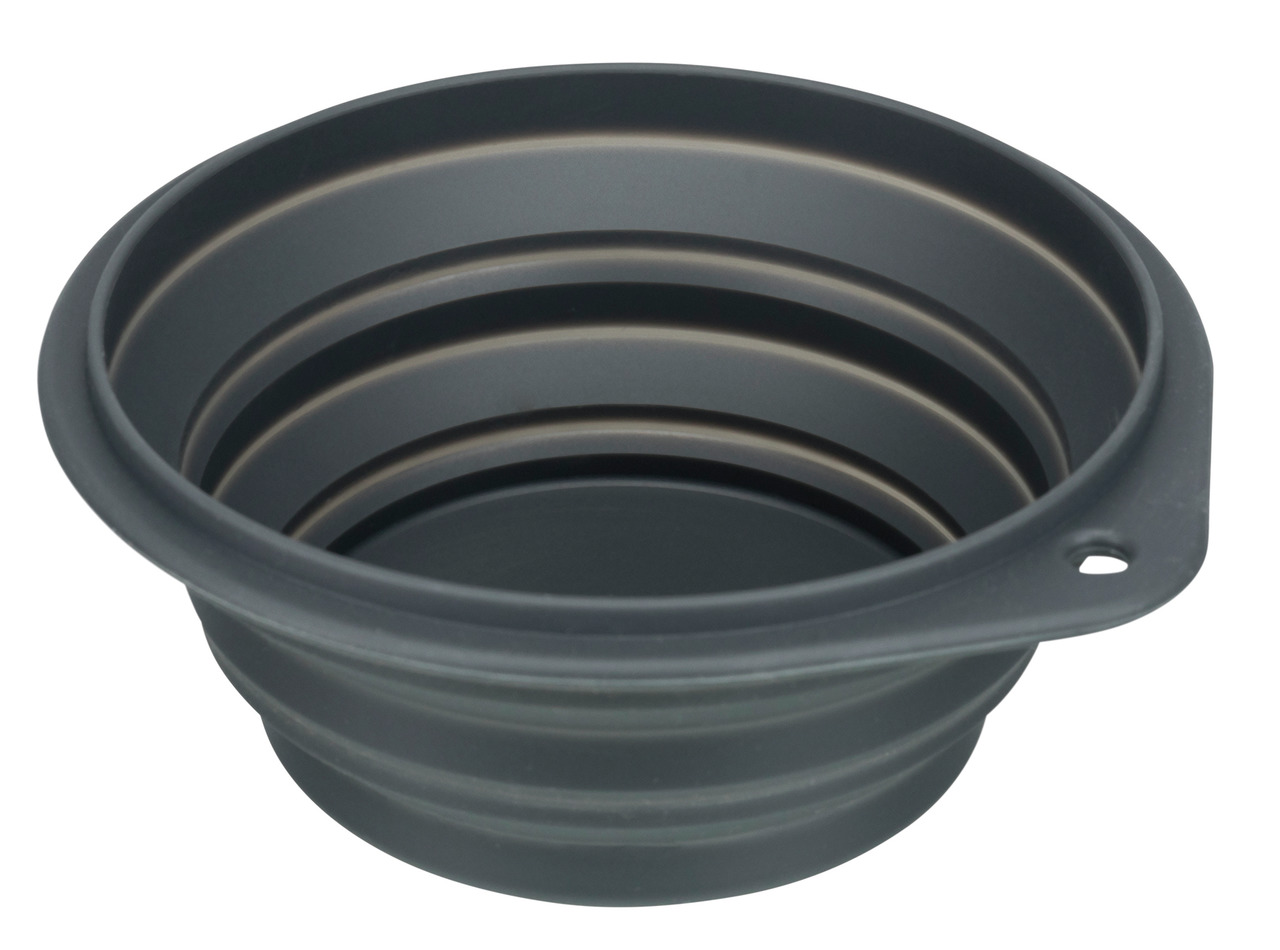 Faltbarer Napf von TRIXIE aus schwarzem Silikon, ideal für Hunde und Katzen. Perfekt für unterwegs, da er platzsparend zusammenklappbar ist. Geeignet für Wasser oder Futter. Robustes Material, leicht zu reinigen. Fassungsvermögen und genaue Maße sind auf 