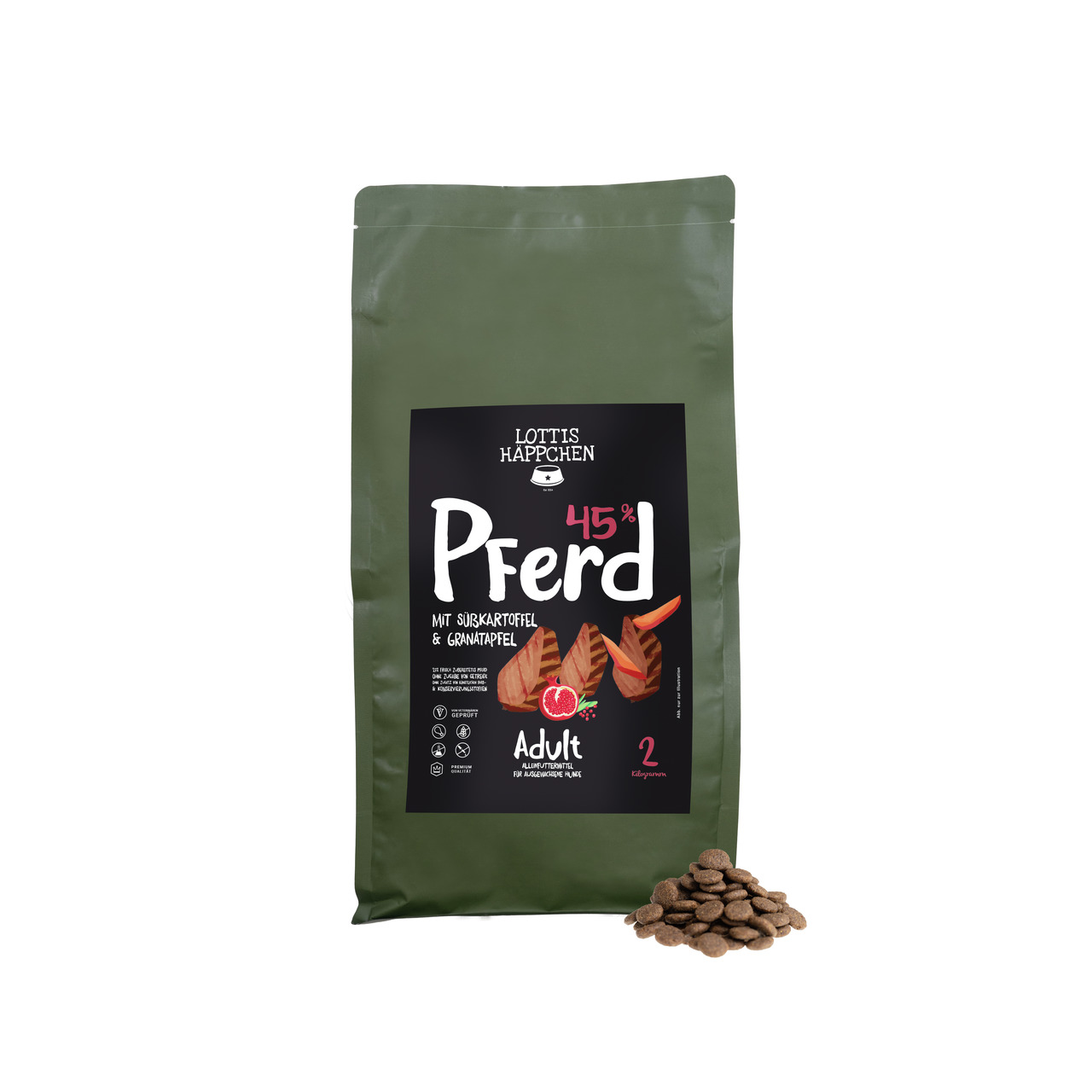 Lottis Häppchen Pferd, Hundefutter für ausgewachsene Hunde, Geschmack Pferd mit Süßkartoffel & Granatapfel, 45 % Protein, 2 kg.