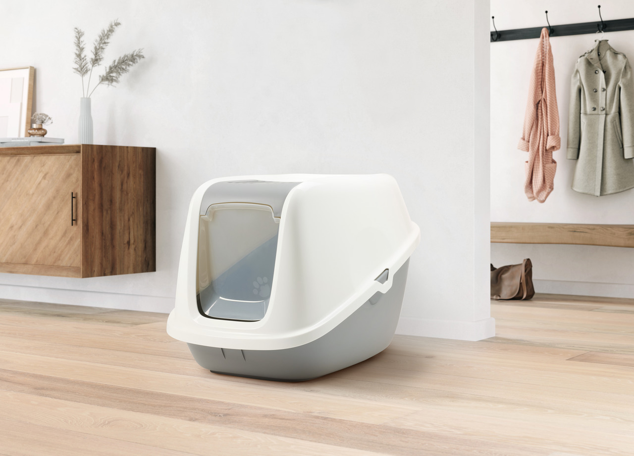 Savic Katzentoilette "Nestor", geschl., für Katzen, Weiß/Grau, Schwingtür mit Pfotenmotiv, hygienisch, geräumig, ideal innen.