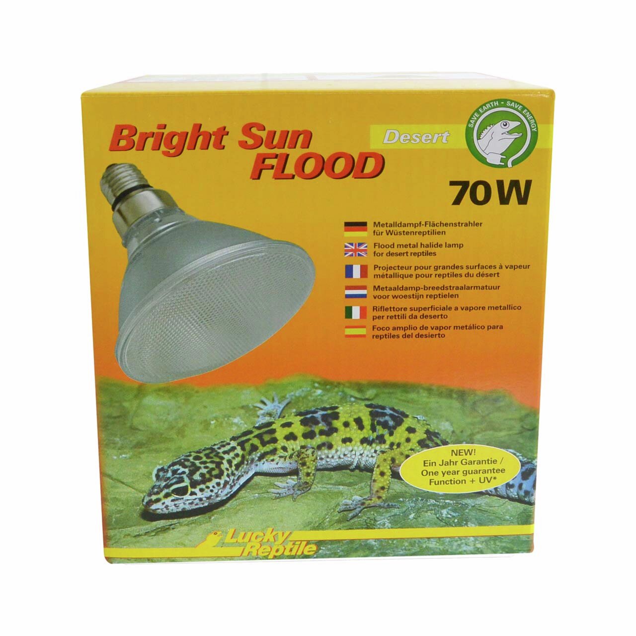 Lucky Reptile Bright Sun Flood Desert, Metallhalogenstrahler 70 W für Wüstenreptilien, UV+ Funktion, 1 Jahr Garantie.