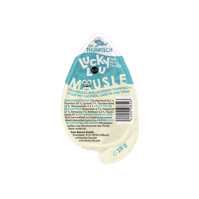 Lucky Lou Mousse Katzenfutter, Thunfisch & Lachöl, 28 g, "Das Mousse aus leckerem Thunfisch & Sud mit Lachöl.;https:--pim.mp.group-KoelleZoo-volumes-jtl_images-666-667-173405-42009856_2.jpg;2;Lucky Lou Mäusle Thunfisch 28g Bild 2;Lucky Lou Mäusle Katzensn