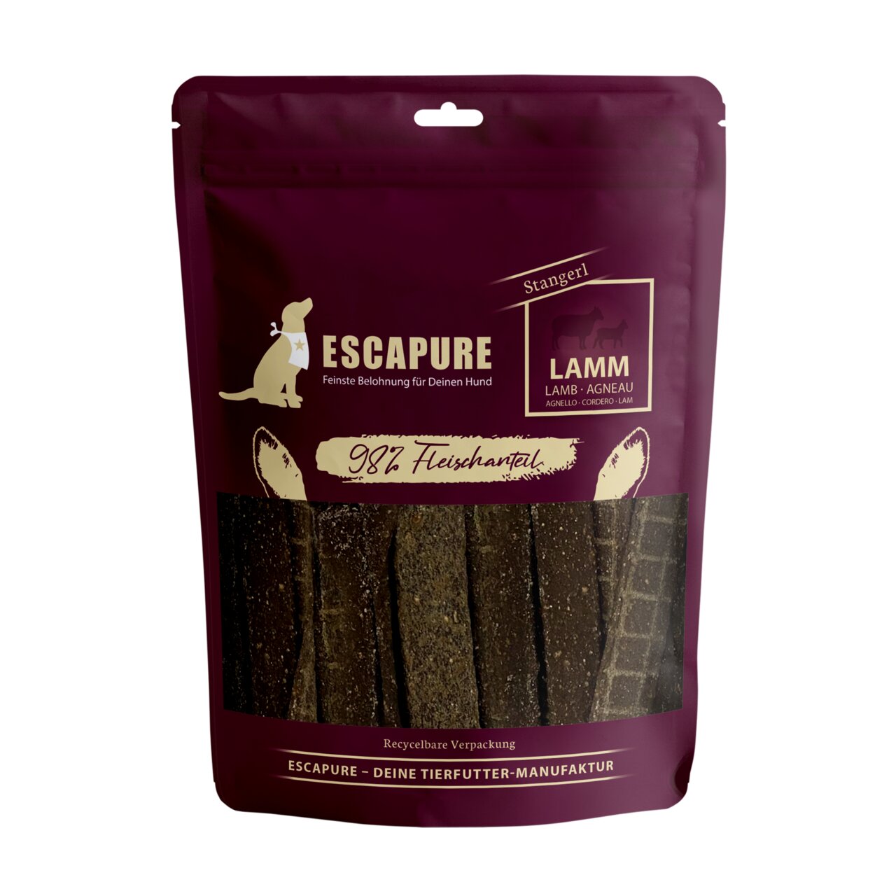 ESCAPURE Lamm-Stangerl für Hunde, 98 % Fleischanteil, Geschmacksrichtung Lamm, 150 g, recyclebare Verpackung, natürliche Belohnung.