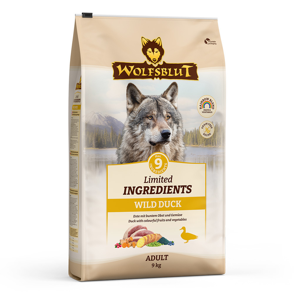 Wolfsblut Wild Duck, getreidefreies Trockenfutter für ausgewachsene Hunde, 9 kg, mit Ente, Obst & Gemüse, max. 9 Zutaten.