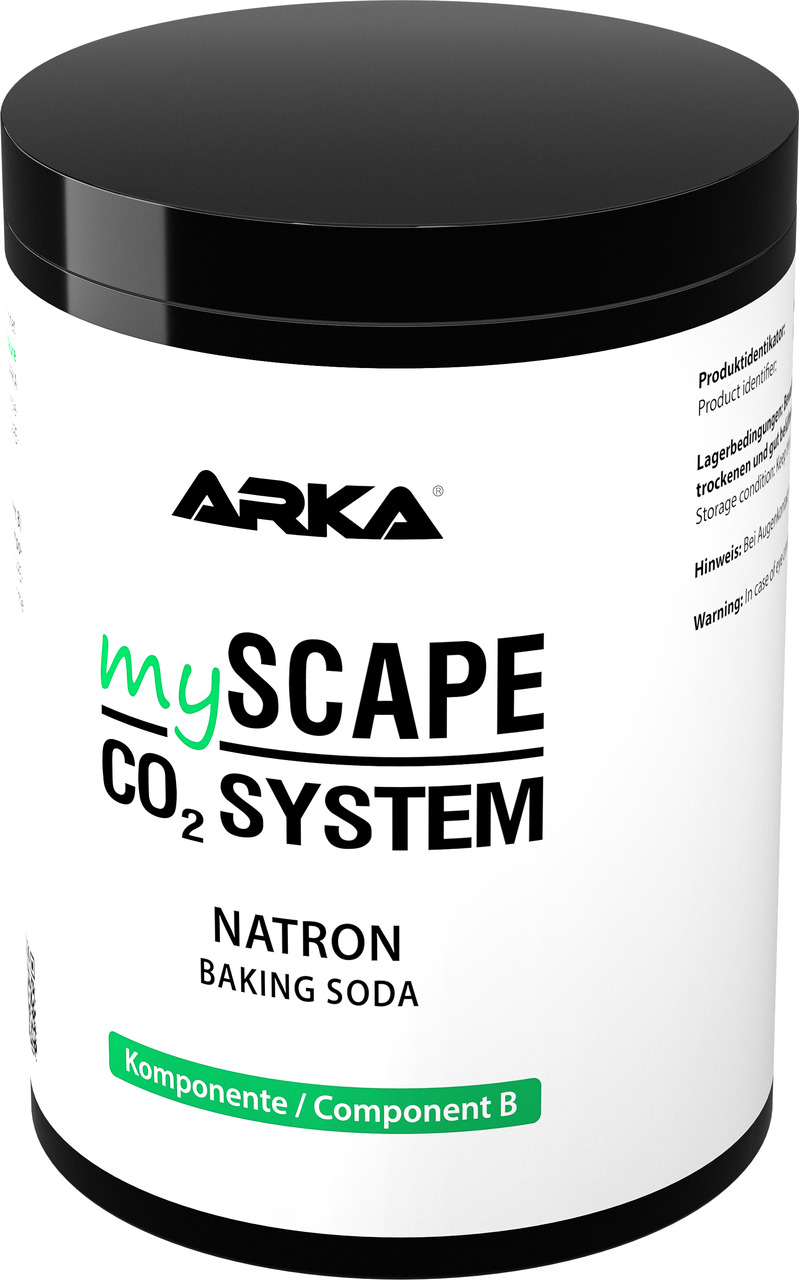 Das Bild zeigt eine weiße Dose mit schwarzem Deckel der Marke ARKA. Das Produkt gehört zur Serie "myScape CO2 System" und enthält Natron (Baking Soda), gekennzeichnet als Komponente B. Es wird für die Aquaristik verwendet, um CO2-Systeme zu unterstützen. 