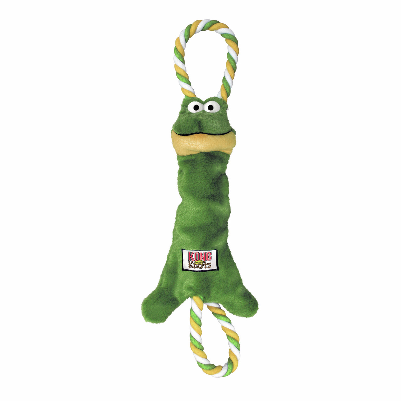 KONG Knots Frosch Hundespielzeug, grün, Plüschdesign, Seilknoten, robust, für alle Hundegrößen, fördert Kauen & Spielen.
