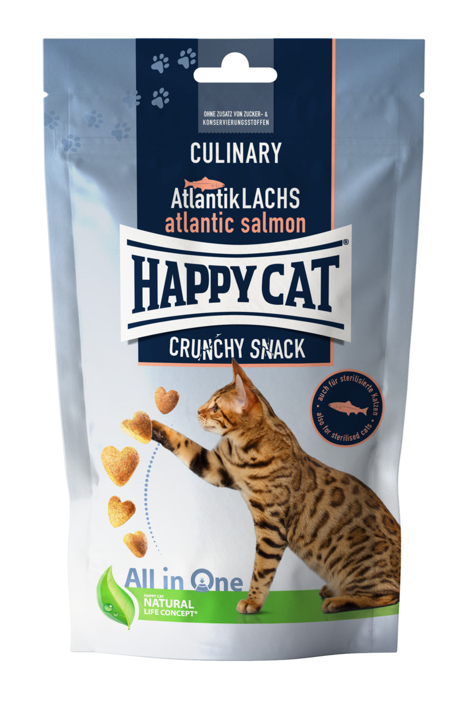 HAPPY CAT Culinary Crunchy Snack, Atlantik-Lachs, für sterilisierte Katzen, ohne Zucker-Konservierungsstoffe, herzförmig.