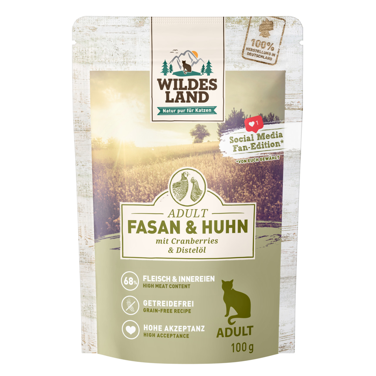 Wildes Land Adult Fasan & Huhn, für ausgew. Katzen, getreidefrei, 68 % Fleisch, Cranberries, Distelöl, 100 g, hohe Akzeptanz.