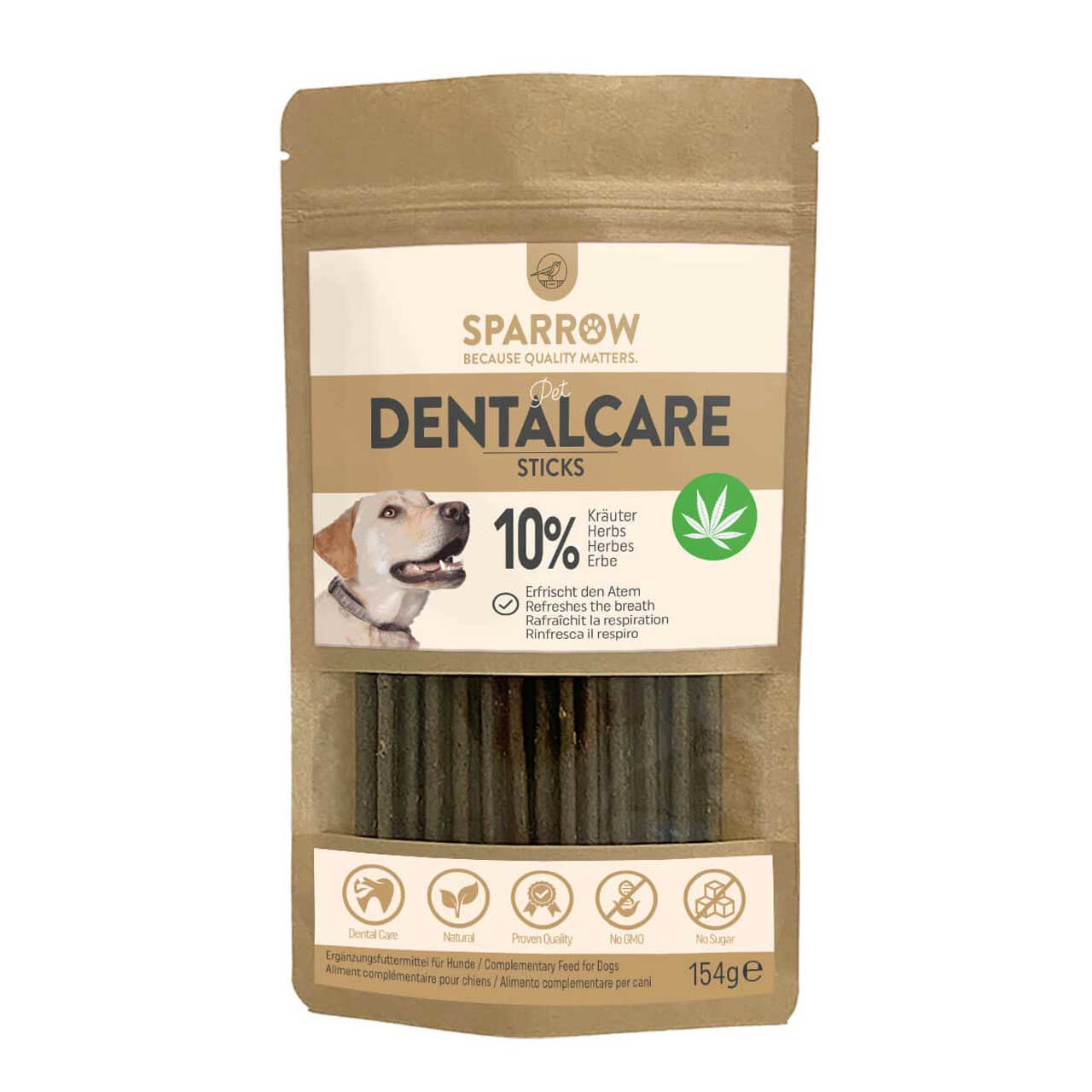 Sparpaket 2 x 150 g Sparrow DentalCare Sticks 10% Kräuter with Hemp Hunde Snack