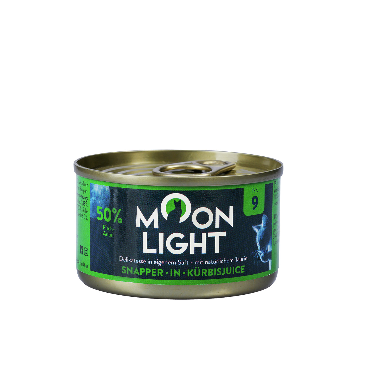 Das Bild zeigt eine Dose Katzenfutter der Marke Moonlight Dinner mit der Geschmacksrichtung Snapper in Kürbissaft. Die Dose enthält 50 % Fischanteil und ist eine Delikatesse in eigenem Saft mit natürlichem Taurin. Sie richtet sich an Katzen als Zielgruppe
