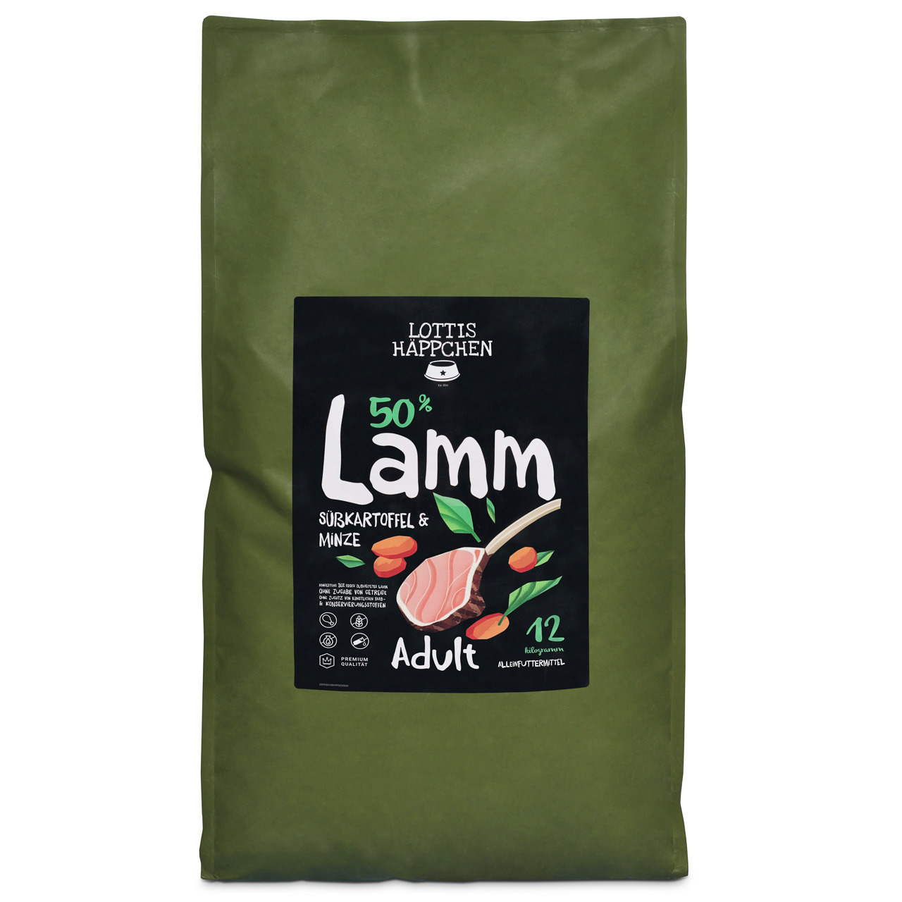 Lottis Häppchen Adult, 50 % Lamm, Süßkartoffel & Minze, Alleinfutter für Hunde, 12 kg.